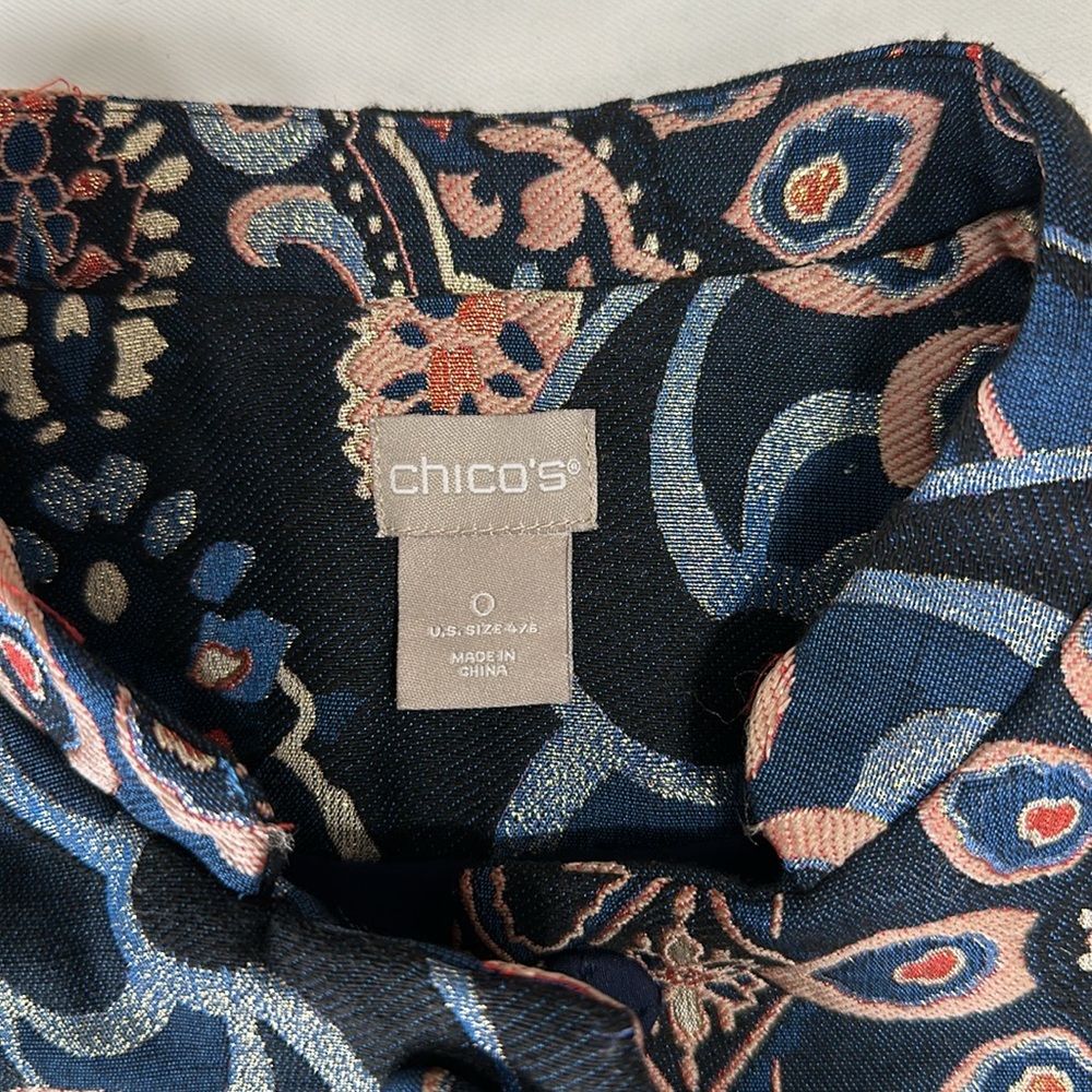 CHICOS 0 Jacquard Embroidered Jacket Blue Metallic Lined Career Boho- Women’s - Picture 7 of 12